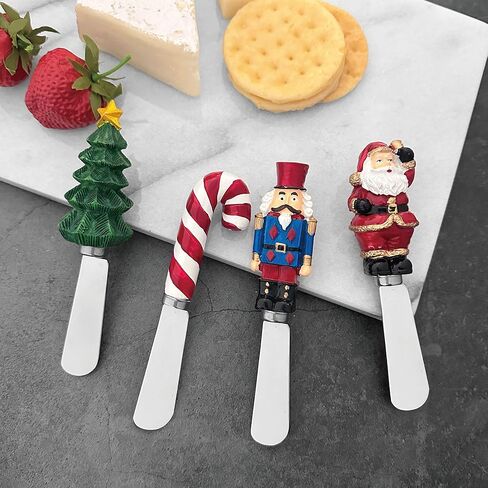 أدوات توزيع الجبن من شركة Supreme Housewares، مقابض من الراتنج مرسومة يدويًا مع شفرات من الفولاذ المقاوم للصدأ لتوزيع الجبن الكريمي والزبدة والمربى، تصميمات متنوعة لعيد الميلاد، مجموعة من 4 قطع in Kuwait