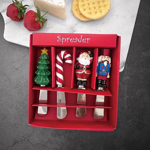 أدوات توزيع الجبن من شركة Supreme Housewares، مقابض من الراتنج مرسومة يدويًا مع شفرات من الفولاذ المقاوم للصدأ لتوزيع الجبن الكريمي والزبدة والمربى، تصميمات متنوعة لعيد الميلاد، مجموعة من 4 قطع in Kuwait