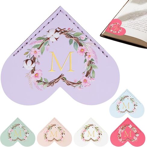 6 Pack Macaron Colorful Bookmarks,Heart Shape Leather Bookmark Set with Floral Initials,Cute UV Printed Design,Bulk Graduation Gifts for Students Teachers Book Lovers,Vintage Thank You Present (M) in Saudi Arabia