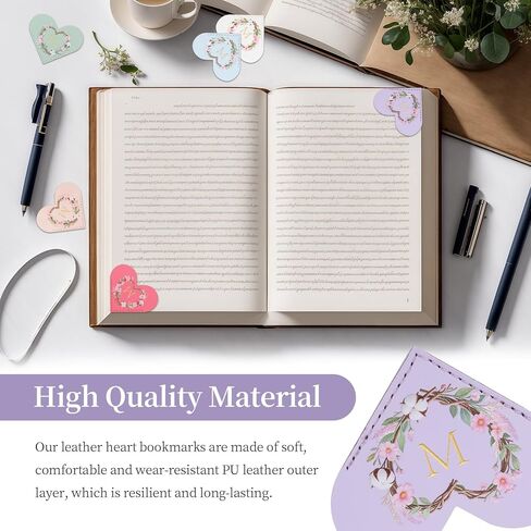 6 Pack Macaron Colorful Bookmarks,Heart Shape Leather Bookmark Set with Floral Initials,Cute UV Printed Design,Bulk Graduation Gifts for Students Teachers Book Lovers,Vintage Thank You Present (M) in Saudi Arabia