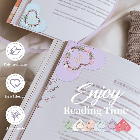 6 Pack Macaron Colorful Bookmarks,Heart Shape Leather Bookmark Set with Floral Initials,Cute UV Printed Design,Bulk Graduation Gifts for Students Teachers Book Lovers,Vintage Thank You Present (M) in Saudi Arabia