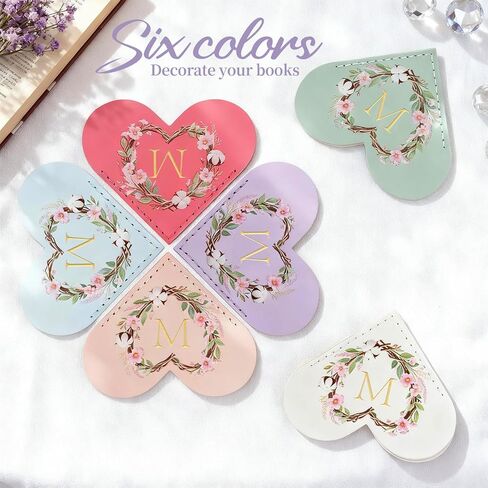 6 Pack Macaron Colorful Bookmarks,Heart Shape Leather Bookmark Set with Floral Initials,Cute UV Printed Design,Bulk Graduation Gifts for Students Teachers Book Lovers,Vintage Thank You Present (M) in Saudi Arabia