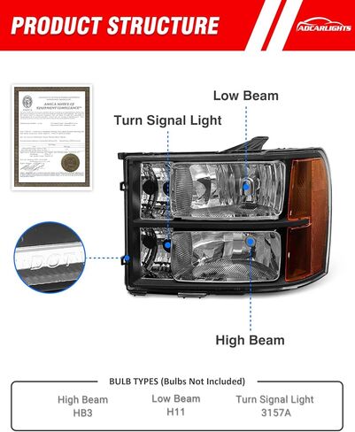 Headlight Assembly compatible with 07-13 GMC Sierra 1500/07-14 GMC Sierra 2500HD 3500HD for 2007-2014 Sierra Headlamp Chrome Housing Headlamp Replacement Driver and Passenger Sides in Saudi Arabia