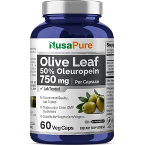 مستخلص أوراق الزيتون NusaPure (غير معدل وراثيًا، خالي من الغلوتين) 750 مجم - 50% أوليوروبين - نباتي - قوة فائقة - بدون زيت - 120 كبسولة in Kuwait