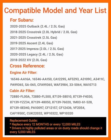 طقم فلتر هواء المحرك والمقصورة مع الكربون المنشط، مناسب لسوبارو 2020-25 Outback/Legacy، 2018-25 Crosstrek، 2019-25 Ascent، 2017-25 Impreza، 2018-22 XV، استبدال 16546AA16A، 8713958010، 72880FL500 in Saudi Arabia