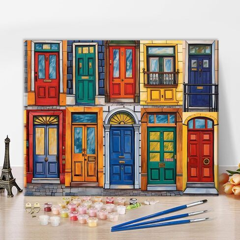 Paint by Numbers Kit for Adults - Vibrant Colorful Doors of Houses in a Charming City Town, Unique Architecture DIY Art Painting for Beginners, Adult Paint by Number Kits, 16x20 Inch in Saudi Arabia