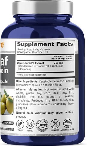 مستخلص أوراق الزيتون NusaPure (غير معدل وراثيًا، خالي من الغلوتين) 750 مجم - 50% أوليوروبين - نباتي - قوة فائقة - بدون زيت - 120 كبسولة in Kuwait