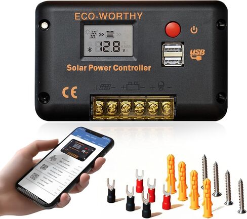 ECO-WORTHY 30A Solar Charger Controller Bluetooth,Solar Panel Battery Intelligent Regulator with Dual USB Ports Auto 12/24V PWM Negative Ground for Lithium,Lead-Acid,Gel Battery in Kuwait