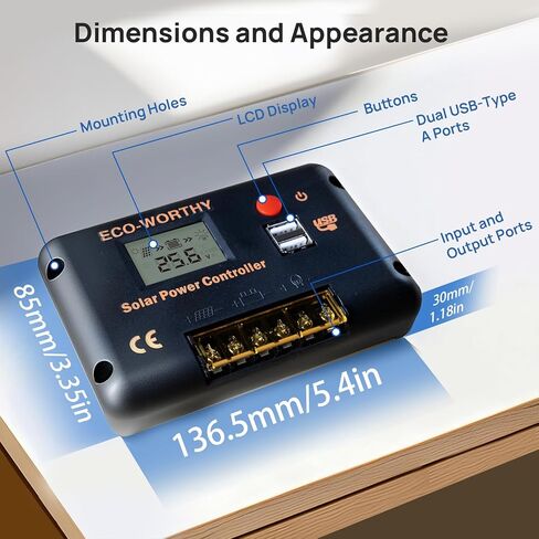 ECO-WORTHY 30A Solar Charger Controller Bluetooth,Solar Panel Battery Intelligent Regulator with Dual USB Ports Auto 12/24V PWM Negative Ground for Lithium,Lead-Acid,Gel Battery in Kuwait