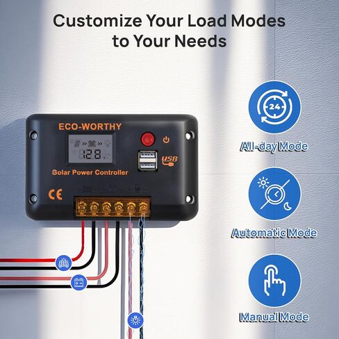 ECO-WORTHY 30A Solar Charger Controller Bluetooth,Solar Panel Battery Intelligent Regulator with Dual USB Ports Auto 12/24V PWM Negative Ground for Lithium,Lead-Acid,Gel Battery in Kuwait