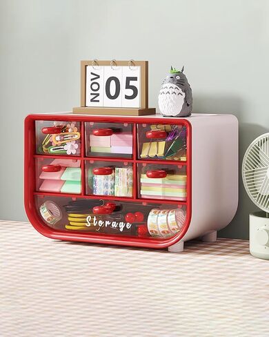 Desktop Multifunctional Organizer, Cosmetic Stationery Large Capacity Organizer, Jewelry Transparent Box Red LCC539-01 in Saudi Arabia