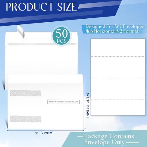50 PC W2 Envelopes 2025 Double Window Self Sealed Tax Security Envelopes for W2 Forms 4-Up V2 Horizontal Format (9 X 5-5/8) in Saudi Arabia
