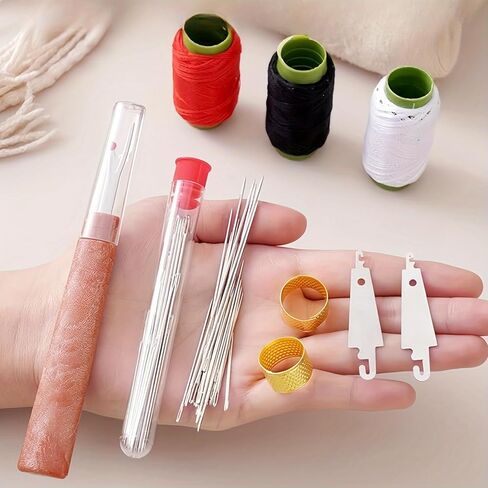 34 Pieces (5 Sizes) Big Eye Needles for Seniors - Threaded Hand Needles, 3 Corrugated Polyester Yarn (Black/White/Red) and Storage Tube in Saudi Arabia