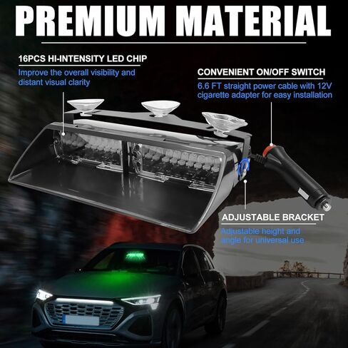 DIBMS LED Emergency Dash Strobe Light for Interior Windshield with Suction Cups, 16 LEDs 18 Mode Hazard Warning Flash for Police Fire Truck Security Vehicle (Green) in Saudi Arabia