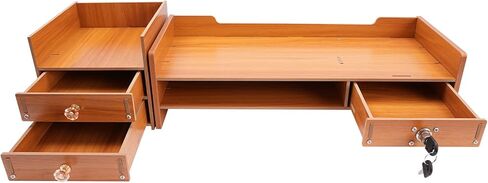 حامل شاشة خشبي مع أدراج، منظم مكتب مع درج قابل للقفل وحامل هاتف، حامل شاشة الكمبيوتر مع رف تخزين، حامل تخزين سطح المكتب متعدد الأغراض للكمبيوتر والكمبيوتر المحمول والطابعة in Kuwait