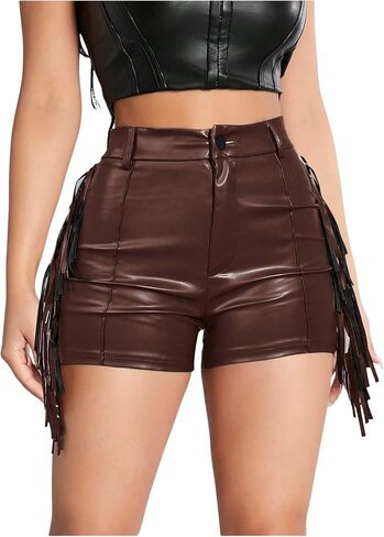 Women's High Waist Fringe Trim PU Leather Club Party Shorts Straight Leg Mini Shorts in Kuwait