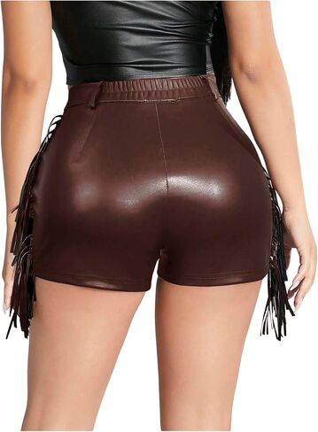 Women's High Waist Fringe Trim PU Leather Club Party Shorts Straight Leg Mini Shorts in Kuwait