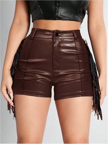 Women's High Waist Fringe Trim PU Leather Club Party Shorts Straight Leg Mini Shorts in Kuwait
