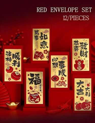 Luxury Black Gold Red Envelopes, 24 Pcs Chinese New Year Ang Bao with 6 Festive Designs, Premium 205GSM Glitter Paper for Lucky Money in Saudi Arabia