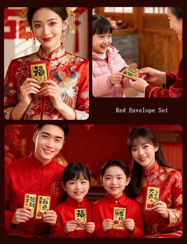 Luxury Black Gold Red Envelopes, 24 Pcs Chinese New Year Ang Bao with 6 Festive Designs, Premium 205GSM Glitter Paper for Lucky Money in Saudi Arabia