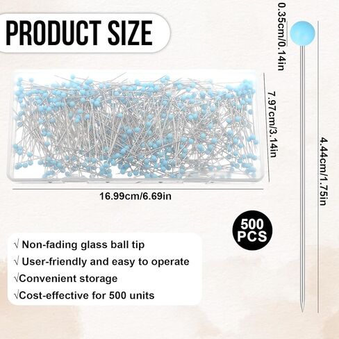 500 PCS Sewing Pins for Fabric, 1.75inch Straight Pins, Glass Head Quilting Pins, Long Blue Stainless Steel Dressmaker for Sewing, Crafts, Jewelry Making, Wedding Bouquets, Jewelry DIY Decoration in Saudi Arabia