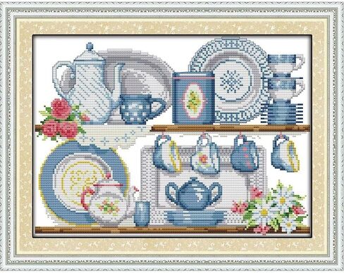 CROSSDECOR Stamped Cross Stitch Kits for Adults HD Printed Cross-Stitch Supplies 14CT 2 Strands Needlepoint Kits for Beginners DIY Embroidery Kit Festal Crafts-Porcelain 36×28 cm in Saudi Arabia