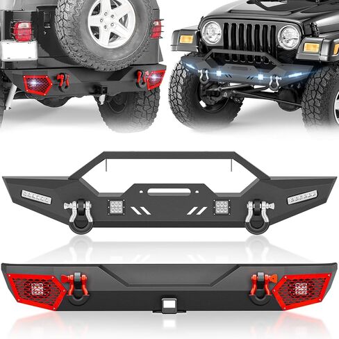 for Wrangler JL JLU Front & Rear Bumpers Compatible with 2018 2019 2020 2021 2022 2023 2024 2025 2026 Jeep Wrangler JL JLU Off-Road with Winch Plate, 2" Hitch Receiver, 6 x LED Lights & D-rings in Saudi Arabia