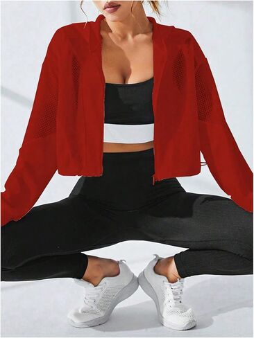 SweatyRocks Women's Activewear Long Sleeve Sheer Mesh Hooded Full Zip Sports Track Jacket Black Small in Saudi Arabia
