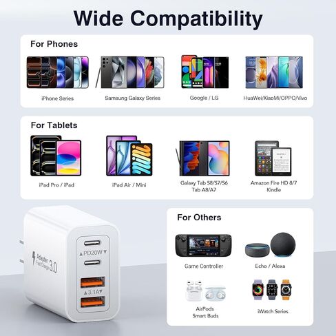 [3 عبوات] شاحن حائط USB C، كتلة شاحن USB C سريع 40 وات، 4 منافذ PD+QC محول طاقة قابس حائط متعدد المنافذ من النوع C لهاتف iPhone 15/14/13/12/11/Pro Max/XS/XR /8/7، آيباد، سامسونج، تابلت in Kuwait