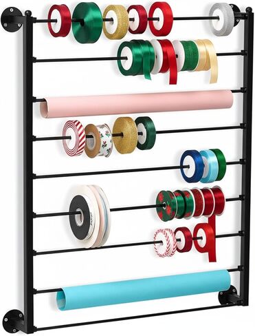Menkxi 9 Tier Wall Mounted Ribbon Organizer Christmas Metal Ribbon Holder Organizer Rack Wrapping Paper Storage for Sewing Craft Mesh Thread Tape Wreath Crochet Craft Room Flower Shop (White) in Saudi Arabia