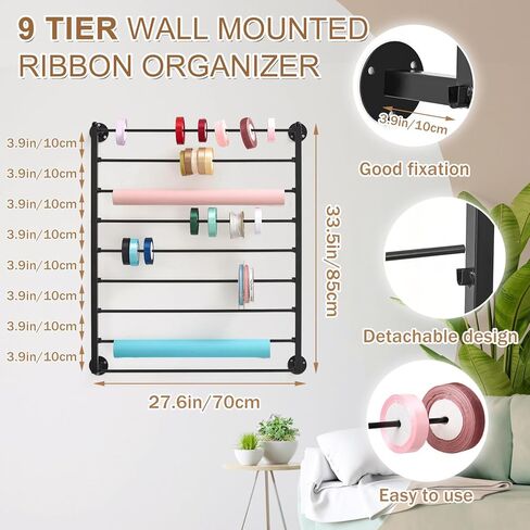 Menkxi 9 Tier Wall Mounted Ribbon Organizer Christmas Metal Ribbon Holder Organizer Rack Wrapping Paper Storage for Sewing Craft Mesh Thread Tape Wreath Crochet Craft Room Flower Shop (White) in Saudi Arabia