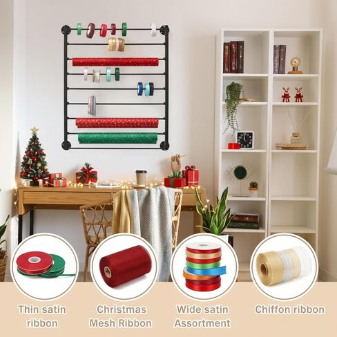 Menkxi 9 Tier Wall Mounted Ribbon Organizer Christmas Metal Ribbon Holder Organizer Rack Wrapping Paper Storage for Sewing Craft Mesh Thread Tape Wreath Crochet Craft Room Flower Shop (White) in Saudi Arabia