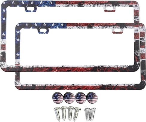 American Flag License Plate Frames for Car, Patriotic USA Stars and Stripes, 2 Pack with Screws and Screw Covers, License Plate Frame Holders, Rustic Style in Kuwait