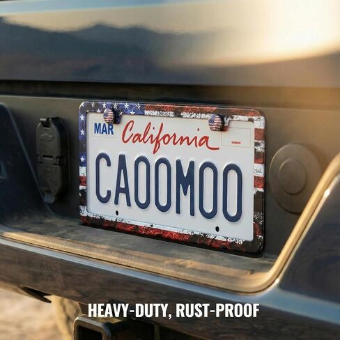 American Flag License Plate Frames for Car, Patriotic USA Stars and Stripes, 2 Pack with Screws and Screw Covers, License Plate Frame Holders, Rustic Style in Kuwait