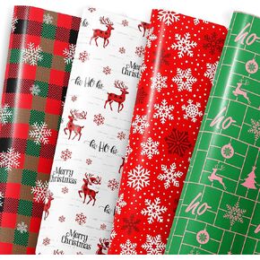 ورق تغليف عيد الميلاد من موتيجيفتي للأطفال البالغين - 8 أوراق ورق تغليف عيد الميلاد مع منقوشة باللون الأخضر/الأسود، الرنة، ندفات الثلج، أشجار عيد الميلاد، كلمات "عيد الميلاد المجيد" - 28 × 20 بوصة، سهلة التخزين in Kuwait