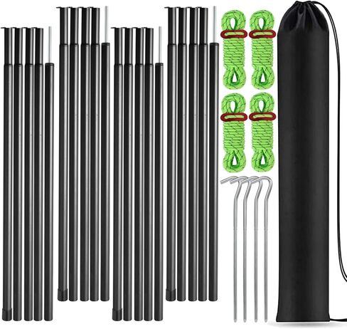 Tent Poles Adjustable Tarp Poles Steel Rods for Tarp Canopy Camping Replacement Set of 2 +Pegs & Reflective Ropes (Black) in Saudi Arabia