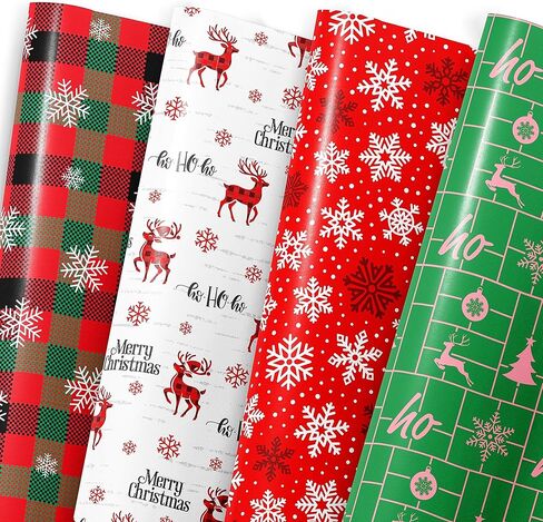 ورق تغليف عيد الميلاد من موتيجيفتي للأطفال البالغين - 8 أوراق ورق تغليف عيد الميلاد مع منقوشة باللون الأخضر/الأسود، الرنة، ندفات الثلج، أشجار عيد الميلاد، كلمات "عيد الميلاد المجيد" - 28 × 20 بوصة، سهلة التخزين in Kuwait