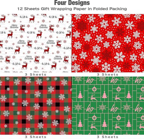 MotiGiftie Christmas Wrapping Paper for Kids Adults - 8 Sheets Xmas Wrapping Paper with Green/Black Plaid, Reindeer, Snowflakes, Xmas trees, “Merry Christmas" Words - 28 x 20 Inches, Easy to Store in Saudi Arabia
