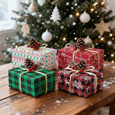 MotiGiftie Christmas Wrapping Paper for Kids Adults - 8 Sheets Xmas Wrapping Paper with Green/Black Plaid, Reindeer, Snowflakes, Xmas trees, “Merry Christmas" Words - 28 x 20 Inches, Easy to Store in Saudi Arabia