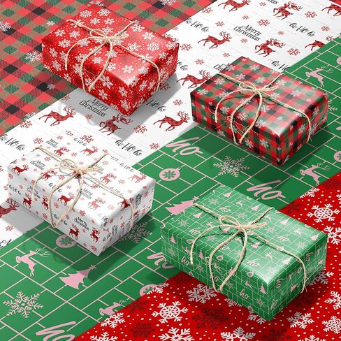 ورق تغليف عيد الميلاد من موتيجيفتي للأطفال البالغين - 8 أوراق ورق تغليف عيد الميلاد مع منقوشة باللون الأخضر/الأسود، الرنة، ندفات الثلج، أشجار عيد الميلاد، كلمات "عيد الميلاد المجيد" - 28 × 20 بوصة، سهلة التخزين in Kuwait