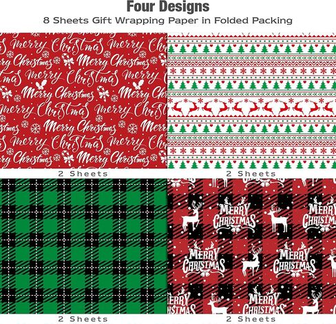 MotiGiftie Christmas Wrapping Paper for Kids Adults - 8 Sheets Xmas Wrapping Paper with Green/Black Plaid, Reindeer, Snowflakes, Xmas trees, “Merry Christmas" Words - 28 x 20 Inches, Easy to Store in Saudi Arabia