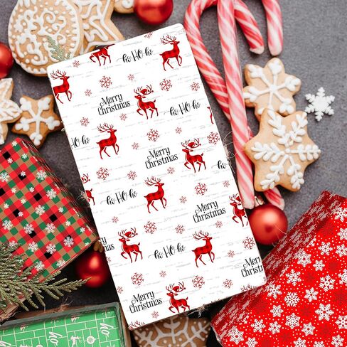 ورق تغليف عيد الميلاد من موتيجيفتي للأطفال البالغين - 8 أوراق ورق تغليف عيد الميلاد مع منقوشة باللون الأخضر/الأسود، الرنة، ندفات الثلج، أشجار عيد الميلاد، كلمات "عيد الميلاد المجيد" - 28 × 20 بوصة، سهلة التخزين in Kuwait