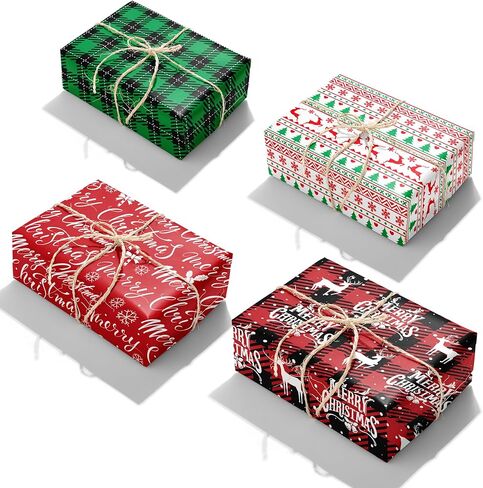 MotiGiftie Christmas Wrapping Paper for Kids Adults - 8 Sheets Xmas Wrapping Paper with Green/Black Plaid, Reindeer, Snowflakes, Xmas trees, “Merry Christmas" Words - 28 x 20 Inches, Easy to Store in Saudi Arabia