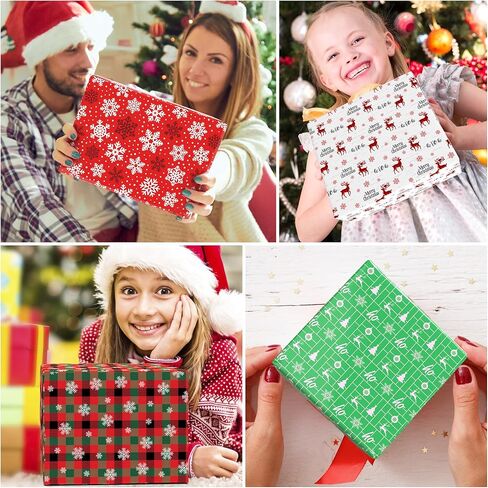 ورق تغليف عيد الميلاد من موتيجيفتي للأطفال البالغين - 8 أوراق ورق تغليف عيد الميلاد مع منقوشة باللون الأخضر/الأسود، الرنة، ندفات الثلج، أشجار عيد الميلاد، كلمات "عيد الميلاد المجيد" - 28 × 20 بوصة، سهلة التخزين in Kuwait