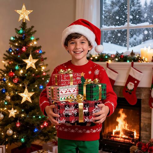 MotiGiftie Christmas Wrapping Paper for Kids Adults - 8 Sheets Xmas Wrapping Paper with Green/Black Plaid, Reindeer, Snowflakes, Xmas trees, “Merry Christmas" Words - 28 x 20 Inches, Easy to Store in Saudi Arabia