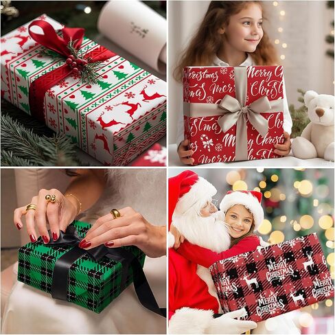 MotiGiftie Christmas Wrapping Paper for Kids Adults - 8 Sheets Xmas Wrapping Paper with Green/Black Plaid, Reindeer, Snowflakes, Xmas trees, “Merry Christmas" Words - 28 x 20 Inches, Easy to Store in Saudi Arabia