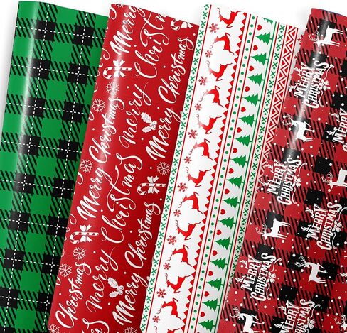MotiGiftie Christmas Wrapping Paper for Kids Adults - 8 Sheets Xmas Wrapping Paper with Green/Black Plaid, Reindeer, Snowflakes, Xmas trees, “Merry Christmas" Words - 28 x 20 Inches, Easy to Store in Saudi Arabia
