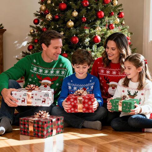 ورق تغليف عيد الميلاد من موتيجيفتي للأطفال البالغين - 8 أوراق ورق تغليف عيد الميلاد مع منقوشة باللون الأخضر/الأسود، الرنة، ندفات الثلج، أشجار عيد الميلاد، كلمات "عيد الميلاد المجيد" - 28 × 20 بوصة، سهلة التخزين in Kuwait