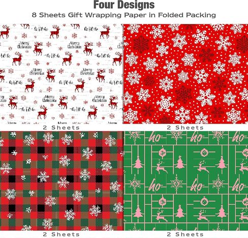 ورق تغليف عيد الميلاد من موتيجيفتي للأطفال البالغين - 8 أوراق ورق تغليف عيد الميلاد مع منقوشة باللون الأخضر/الأسود، الرنة، ندفات الثلج، أشجار عيد الميلاد، كلمات "عيد الميلاد المجيد" - 28 × 20 بوصة، سهلة التخزين in Kuwait