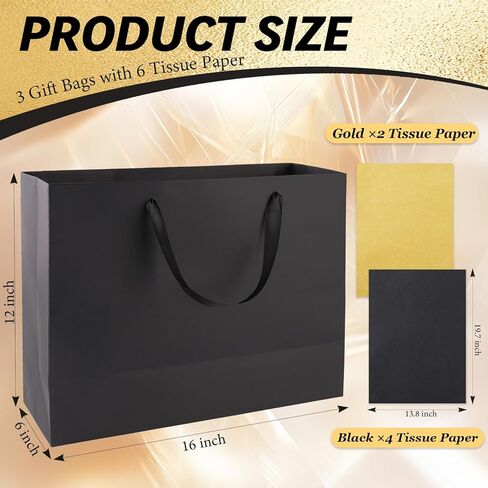 Addblu 3 Pack Extra Large Black Gift Bags with Handles - Includes 9 Tissue Papers, 16x6x12 Inches for Men Birthday Party, Wedding, Father's Day, Shopping Business, Thanksgiving, Christmas (Extra Large - 3Pcs) in Saudi Arabia